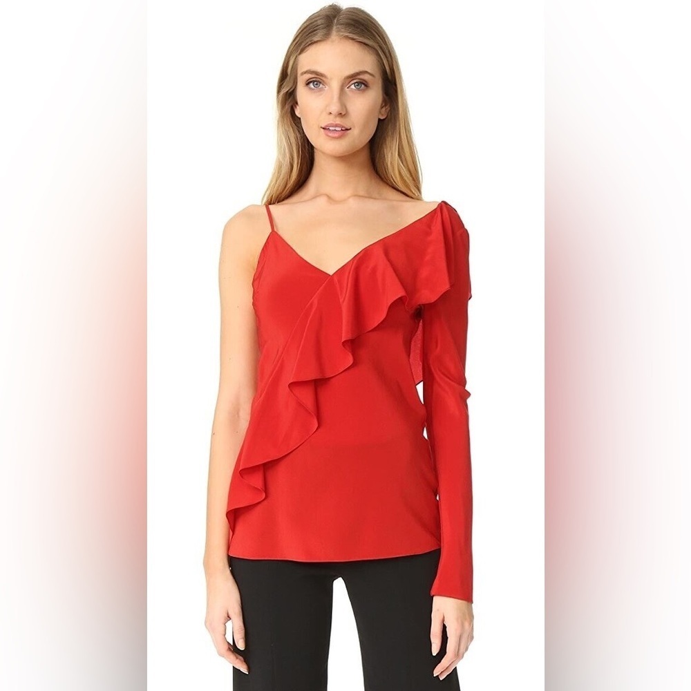 Diane von Furstenberg One-Shoulder Silk Crepe De Chine Ruffle Dare Red Top Sz 2